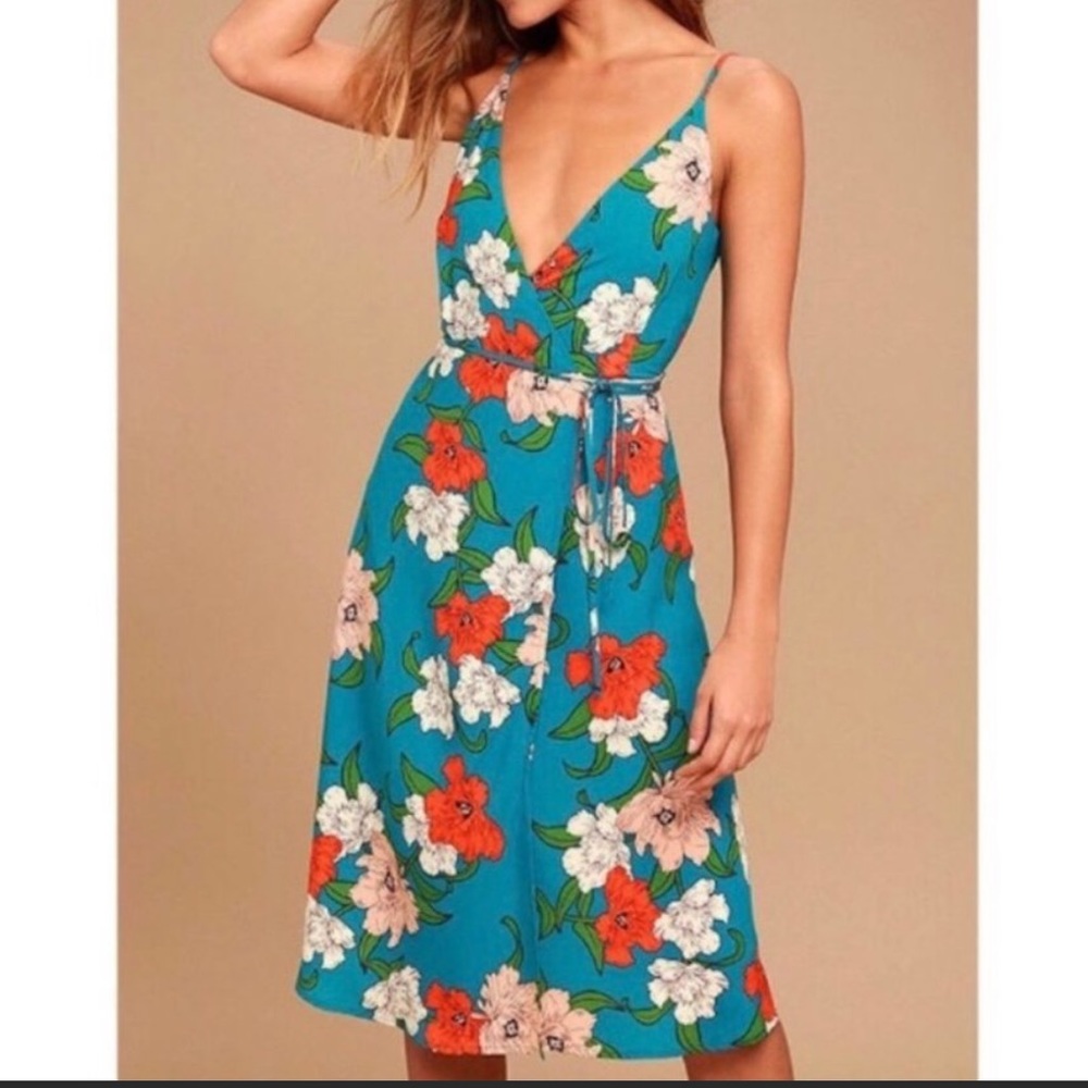 Lulu’s Country Club Teal Blue Floral Print Midi Length Size S Lined Wrap Dress